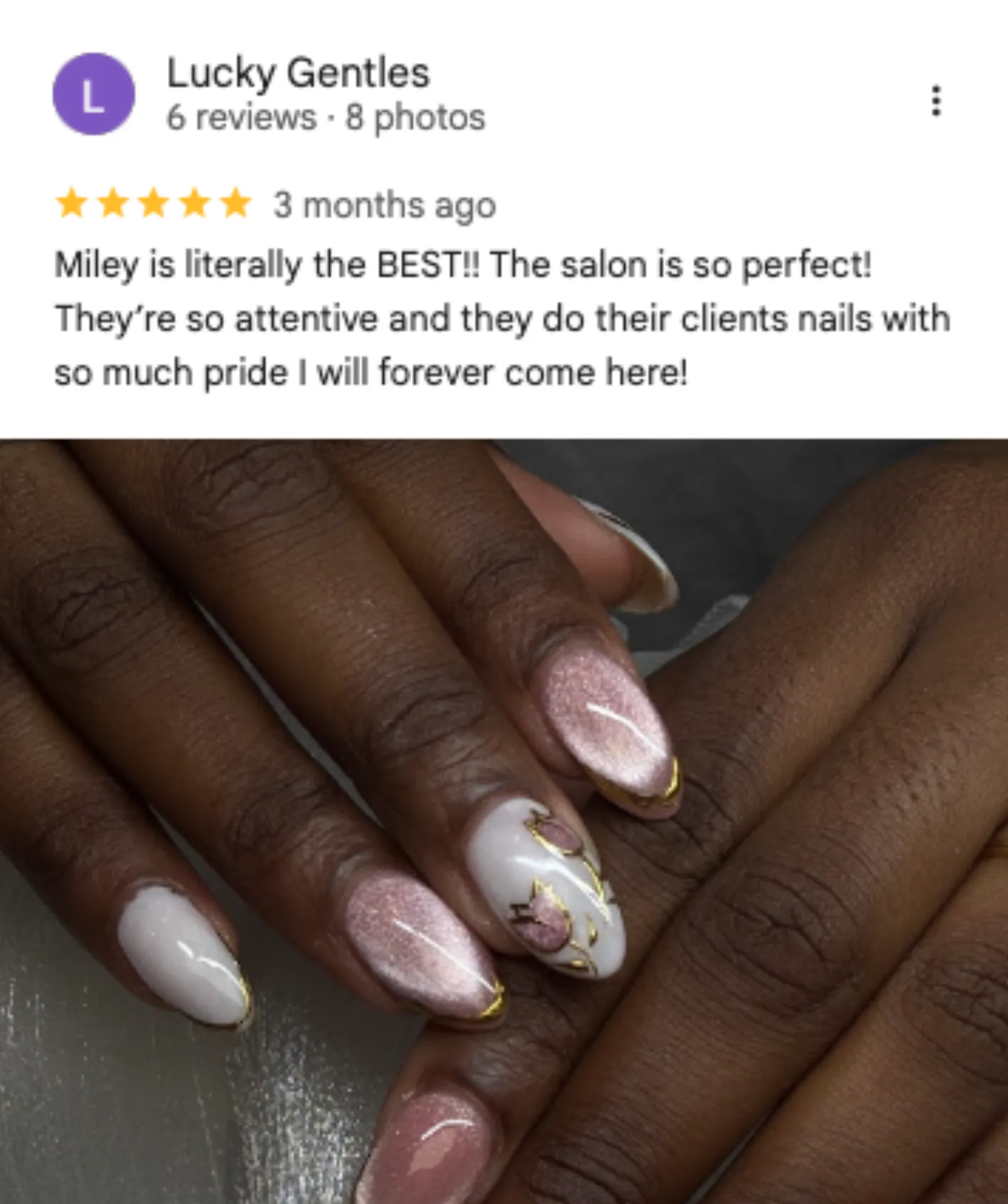 Lucky Gentles 5-star Google review of Trust Nails & Spa