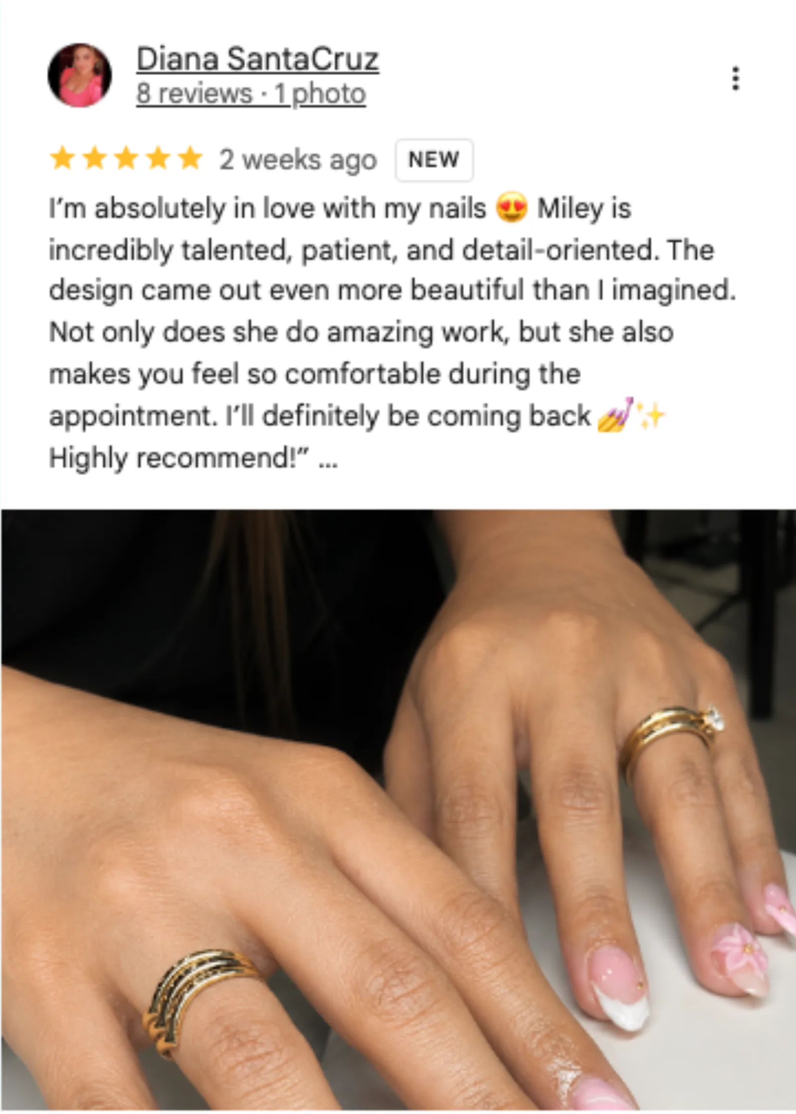 Diana SantaCruz 5-star Google review of Trust Nails & Spa
