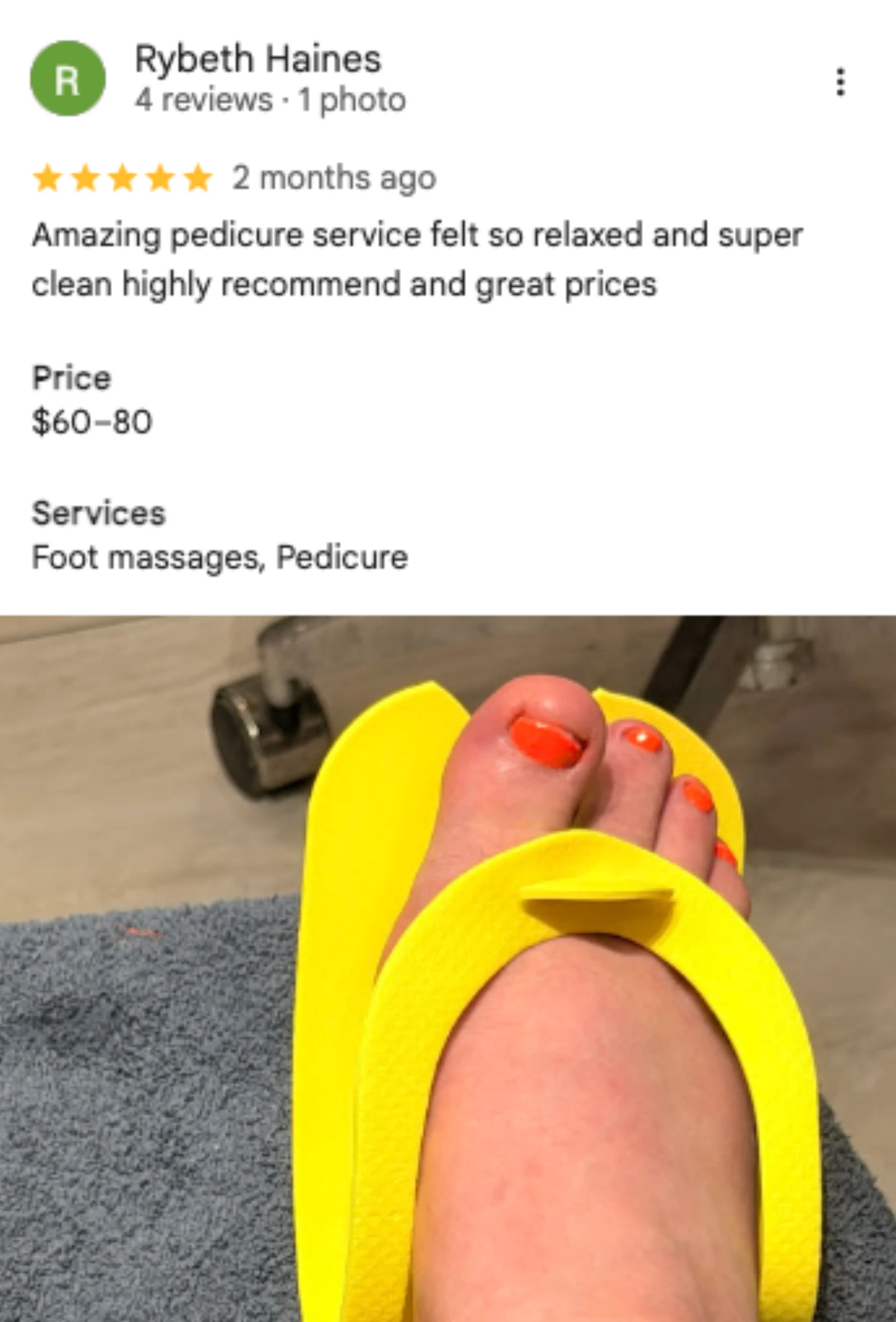 Rybeth 5-star Google review of Trust Nails & Spa pedicure
