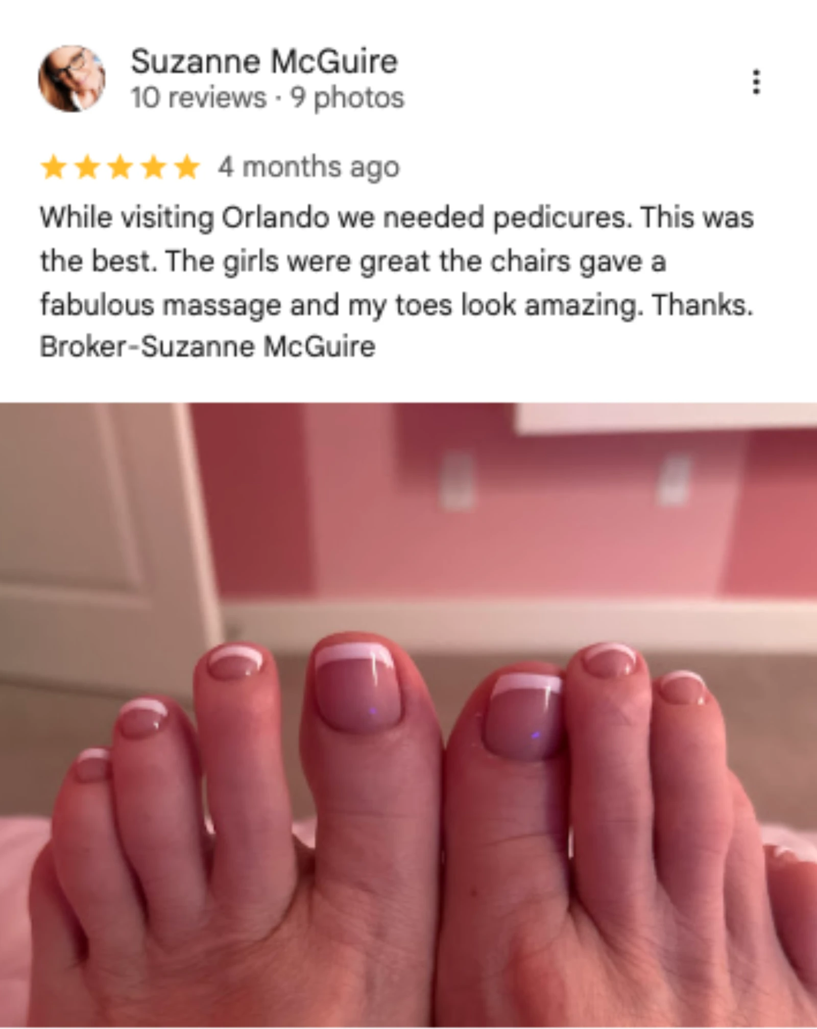 Suzanne McGuire 5-star Google review of Trust Nails & Spa pedicure